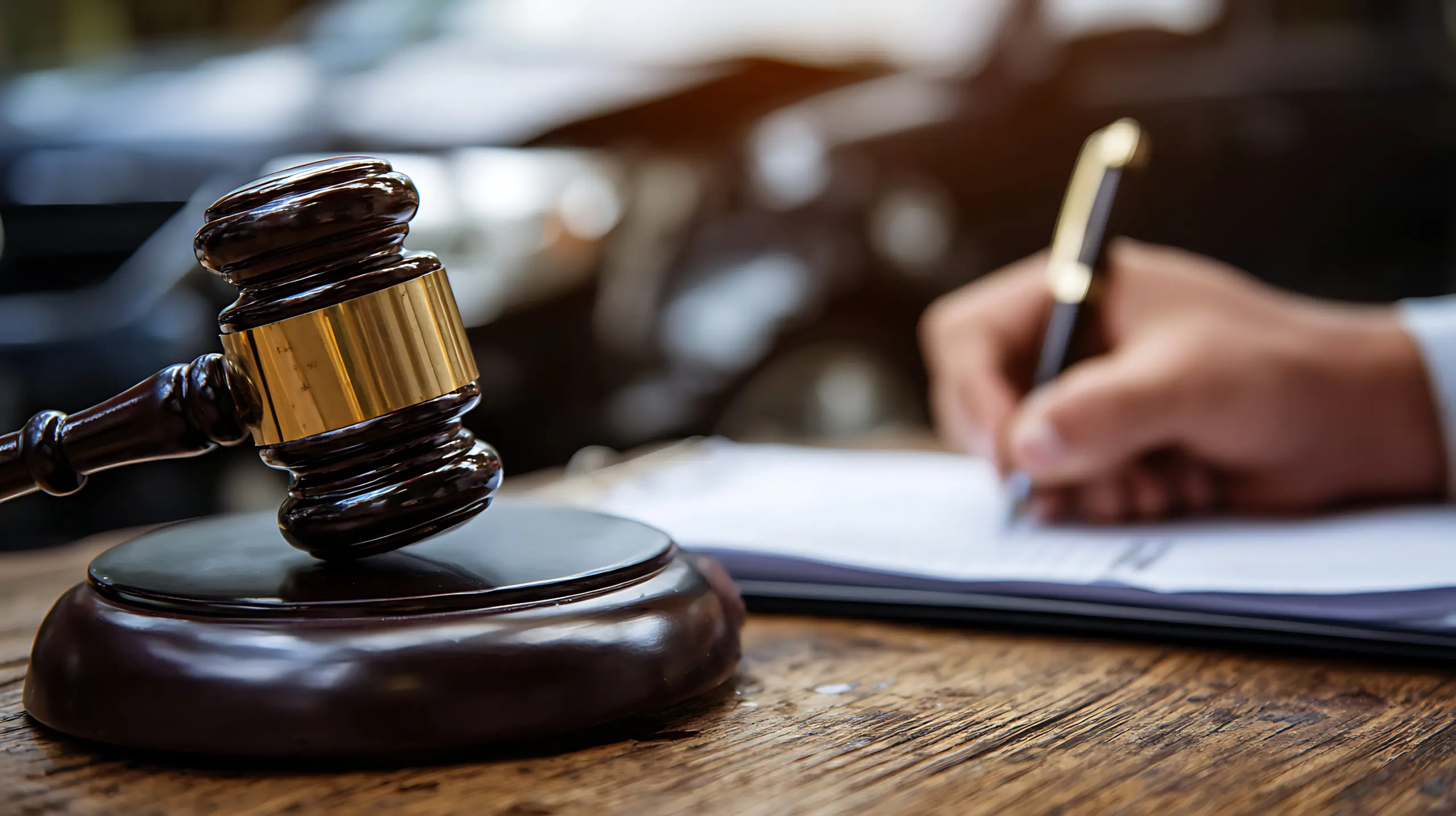 Wooden gavel beside a person writing on documents