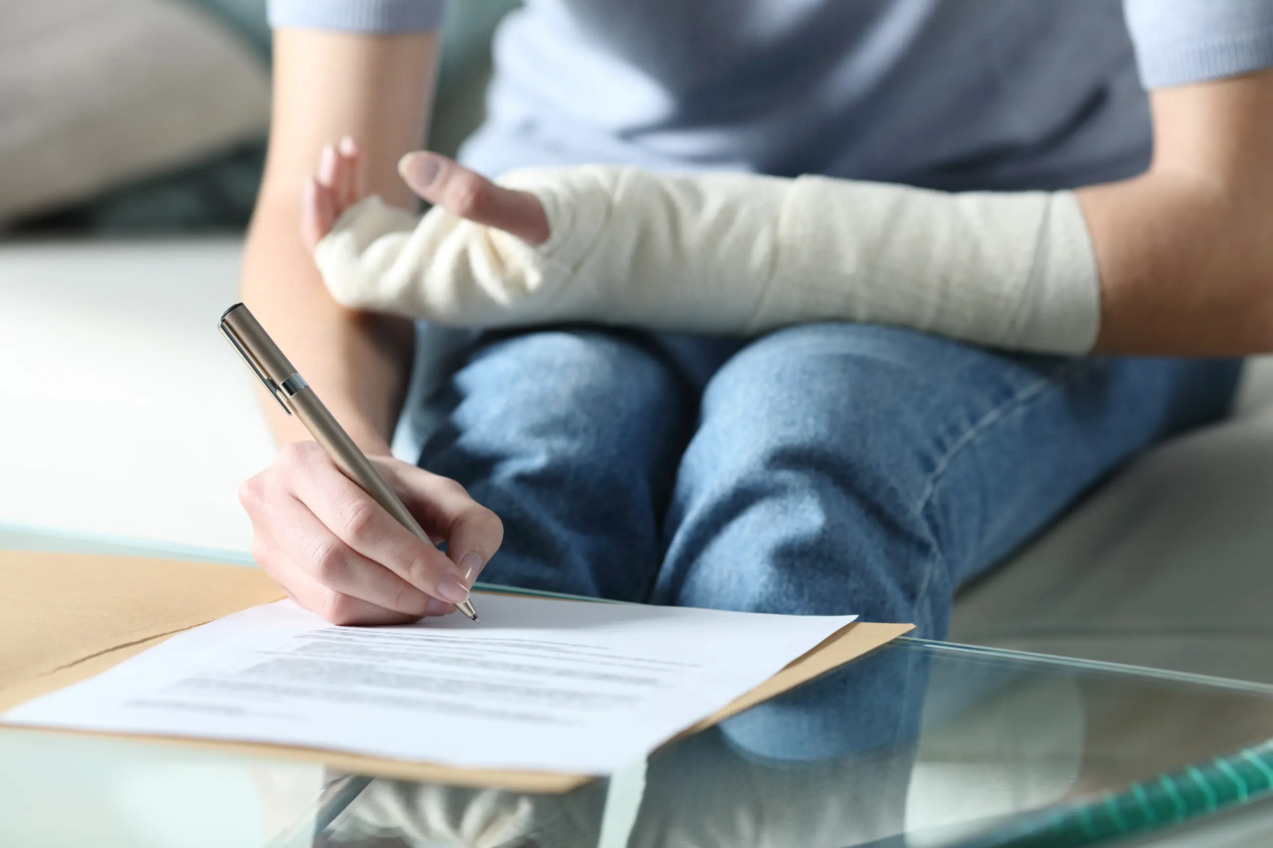 Person with a bandaged wrist signing documents