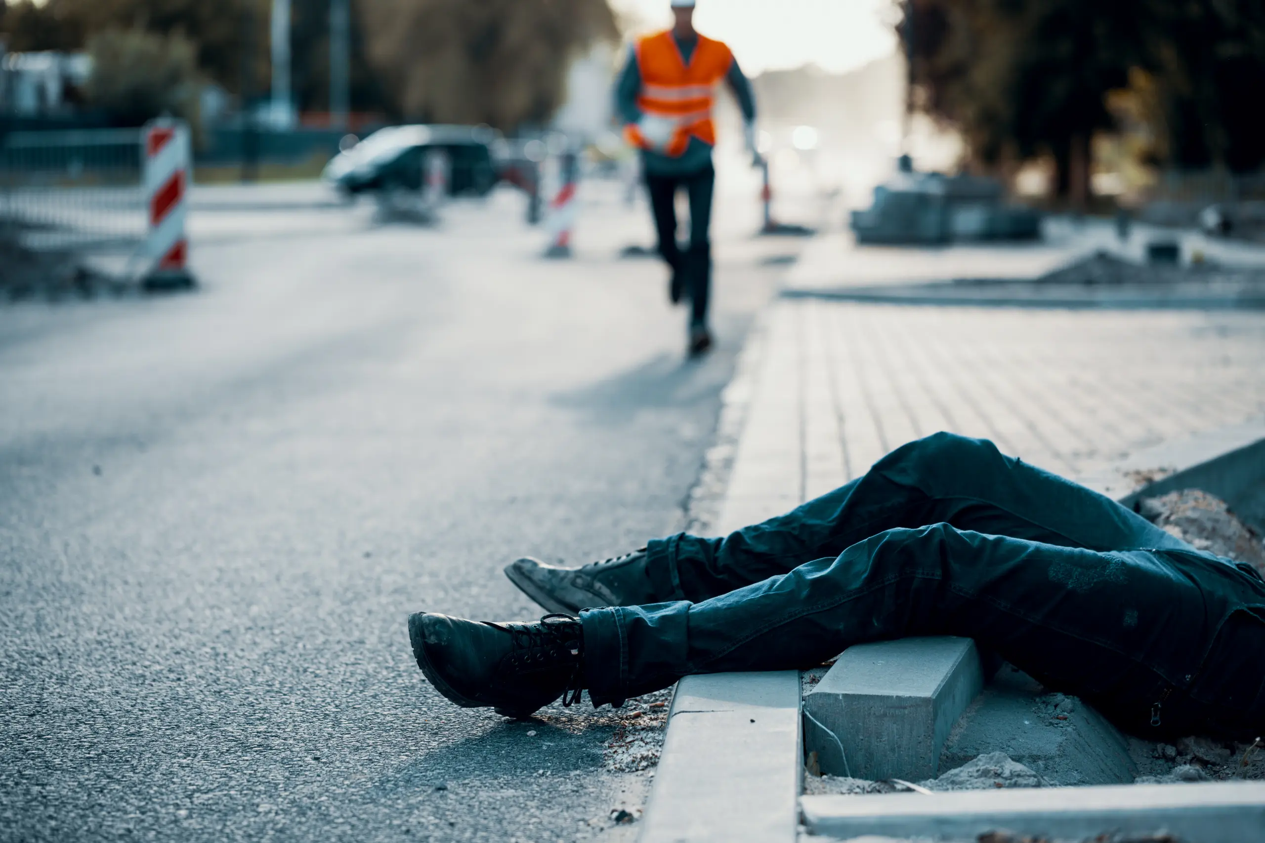 Scene of a construction accident with a person who has fallen in a work area as a worker rushes to help